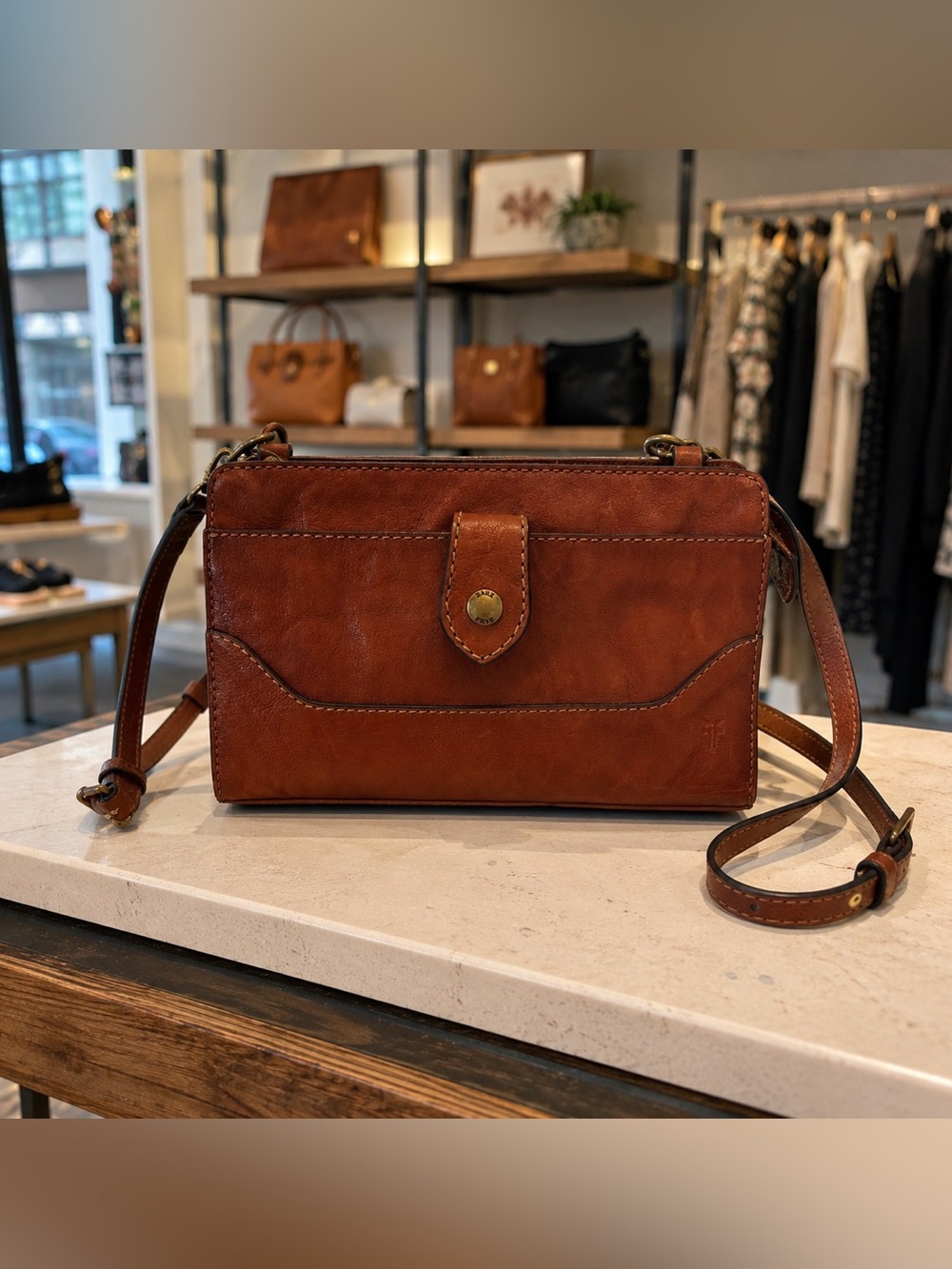 Frye Lucy Cognac Leather Crossbody Organizer Bag - Picture 2 of 16